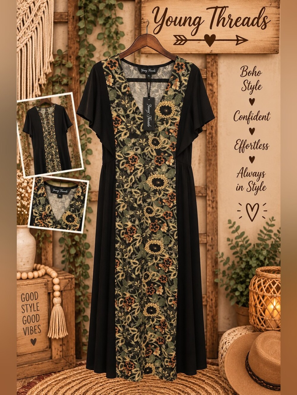 Young Threads Black Floral V-Neck Maxi Dress